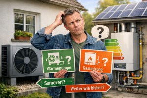 Denkender Mann überlegt ob Wärmepumpe oder Gasheizung sinnvoller ist.